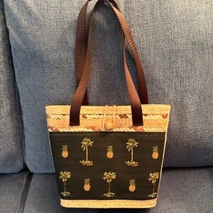 Tropical Palm Tree Tote Bag in Brown and Tan